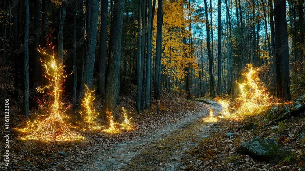 Obraz premium Enchanted autumn forest path with magical fire trees.