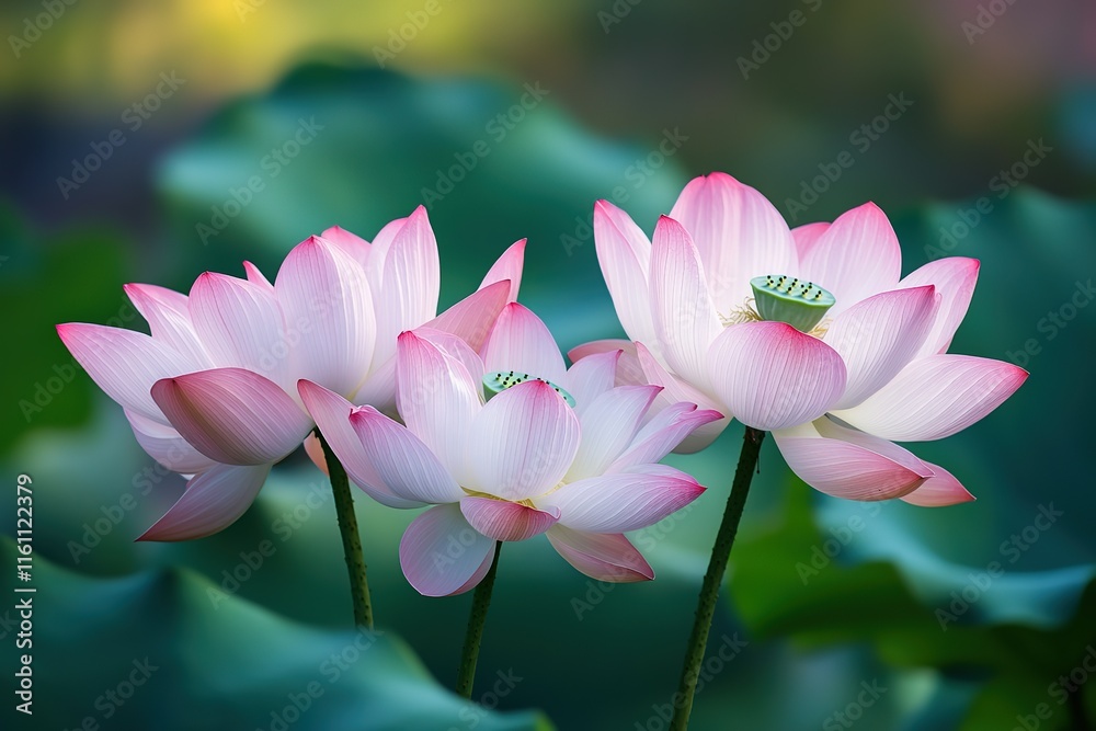 Obraz premium Three delicate pink lotus flowers in full bloom, showcasing their intricate petals and vibrant colors against a soft green background.