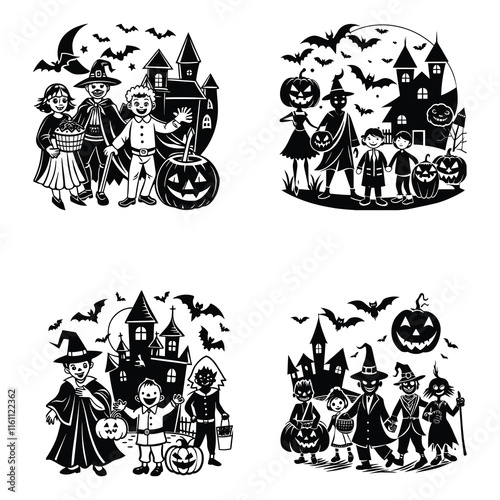 Halloween silhouette group of trick or treaters in various costumes child dressed as a ghost svg