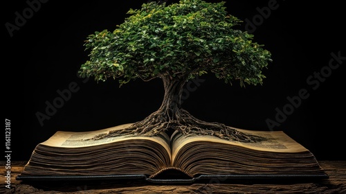 Tree growing from an open book with roots showcasing nature and knowledge harmony