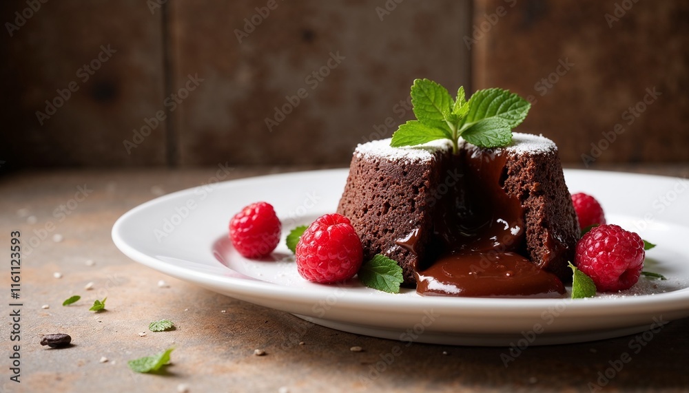 Beautifully Plated Chocolate Fondant with Molten Chocolate, Elegant Indulgence with Copy Space Beautifully Plated Chocolate Fondant with Molten Chocolate, Elegant Indulgence with Copy Space