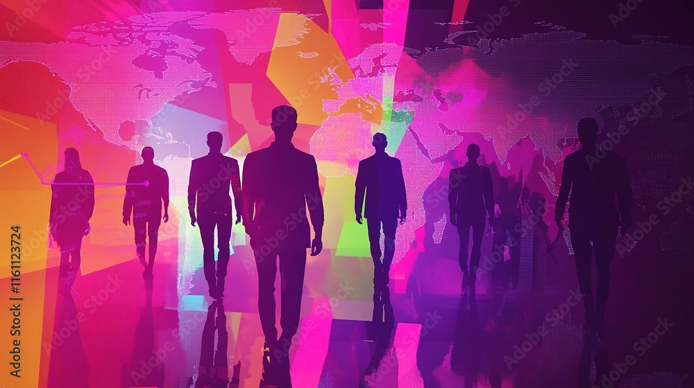 Business Professionals Walking on Digital World Map Background Business Professionals Walking on Digital World Map Background