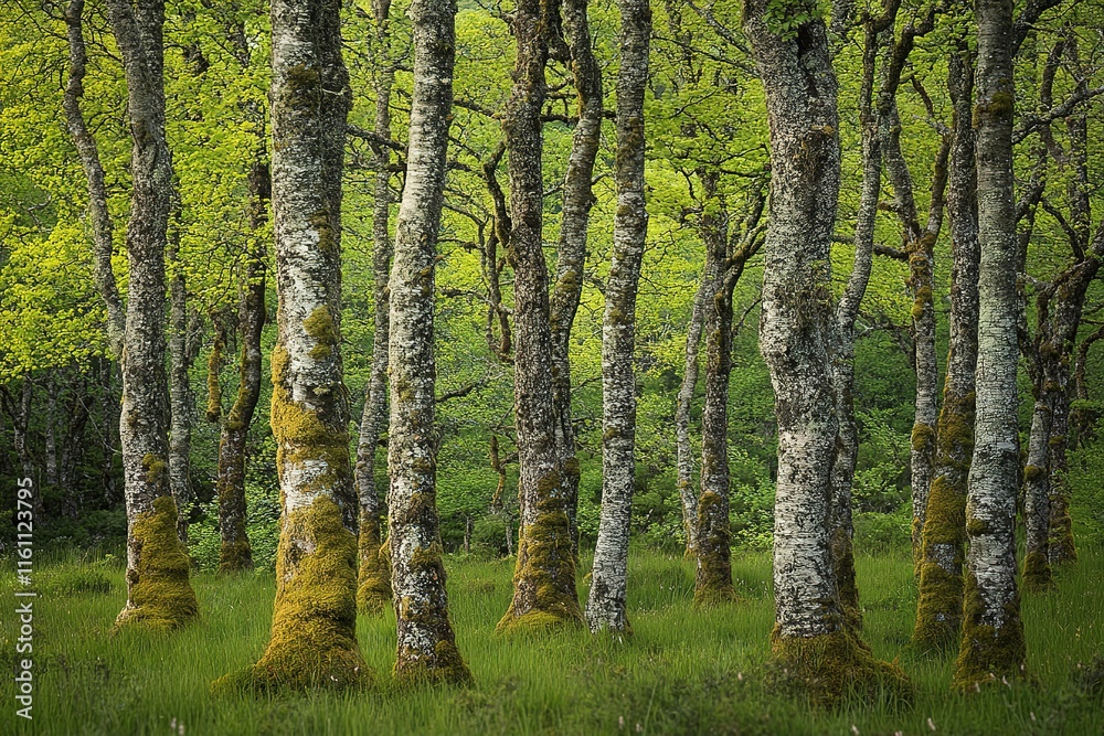 Moss-covered trees in a lush green forest, sunlight dappling through leaves. Moss-covered trees in a lush green forest, sunlight dappling through leaves.