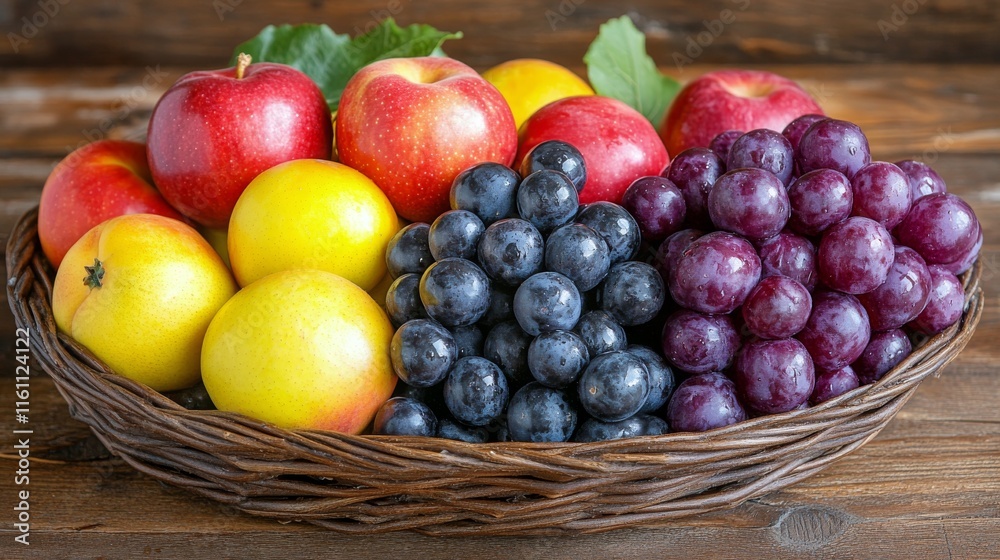 Fresh apples and peaches arranged in baskets on a wooden table for a seasonal display Fresh apples and peaches arranged in baskets on a wooden table for a seasonal display