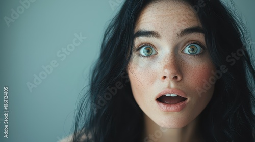 Surprised expression of a woman with long black hair and hazel eyes indoors