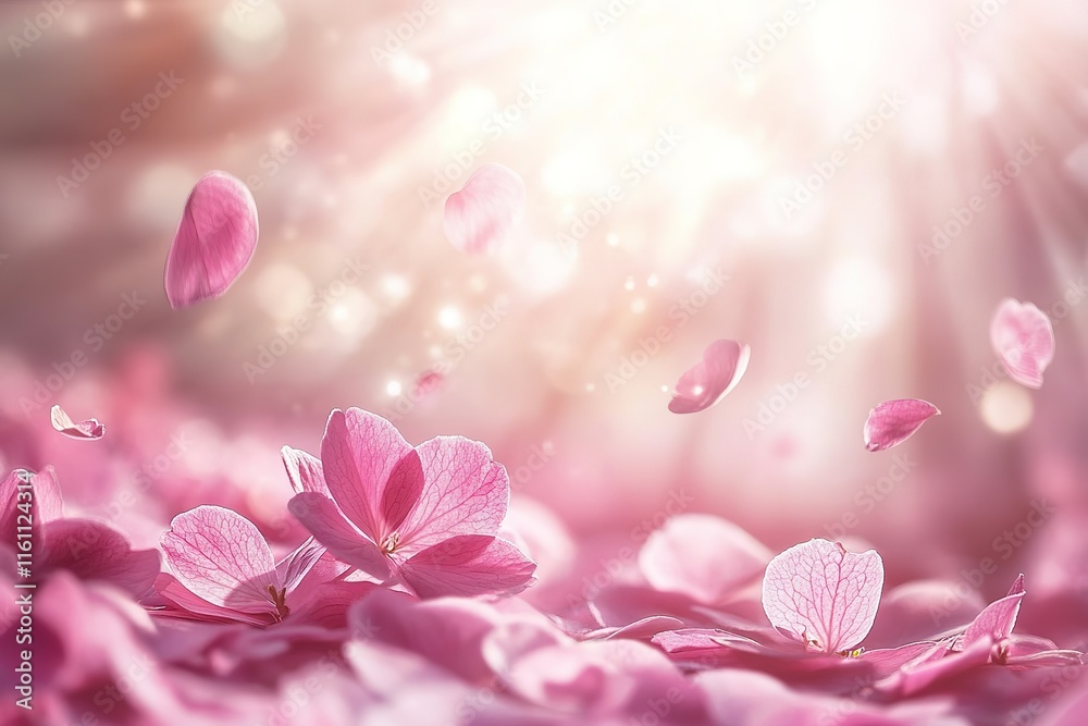 Fototapeta premium Delicate pink petals falling gently, creating a dreamy, romantic atmosphere.