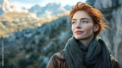 Caucasian woman with short red hair enjoys nature in the mountains during daylight
