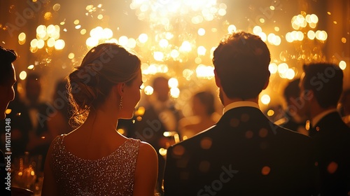 Elegant New Year's party celebration with guests in formal attire enjoying a festive atmosphere