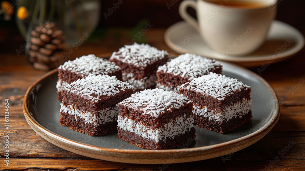 A plate of freshly made Lamington cakes covered in shredded coconut, their chocolate glaze gleaming under bright natural light, set on a rustic wooden table with a cup of tea in the background A plate of freshly made Lamington cakes covered in shredded coconut, their chocolate glaze gleaming under bright natural light, set on a rustic wooden table with a cup of tea in the background