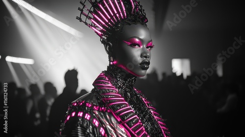 Futuristic fashion runway show features striking model with neon accents