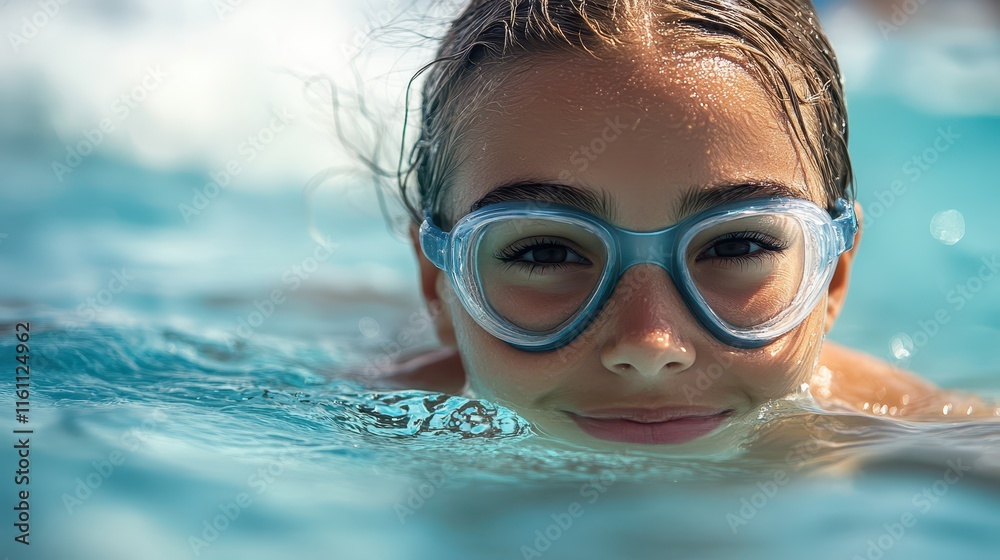 Naklejka premium Young girl smiling while swimming in a pool during sunny weather