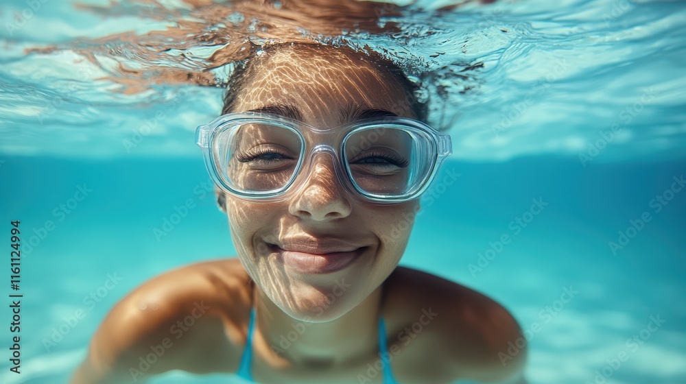 Naklejka premium Woman enjoying a refreshing swim while smiling underwater at a sunny beach