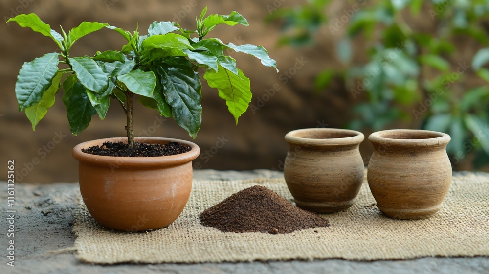 Obraz premium A small coffee tree growing in a pot, placed next to rustic clay cups and freshly ground coffee on burlap