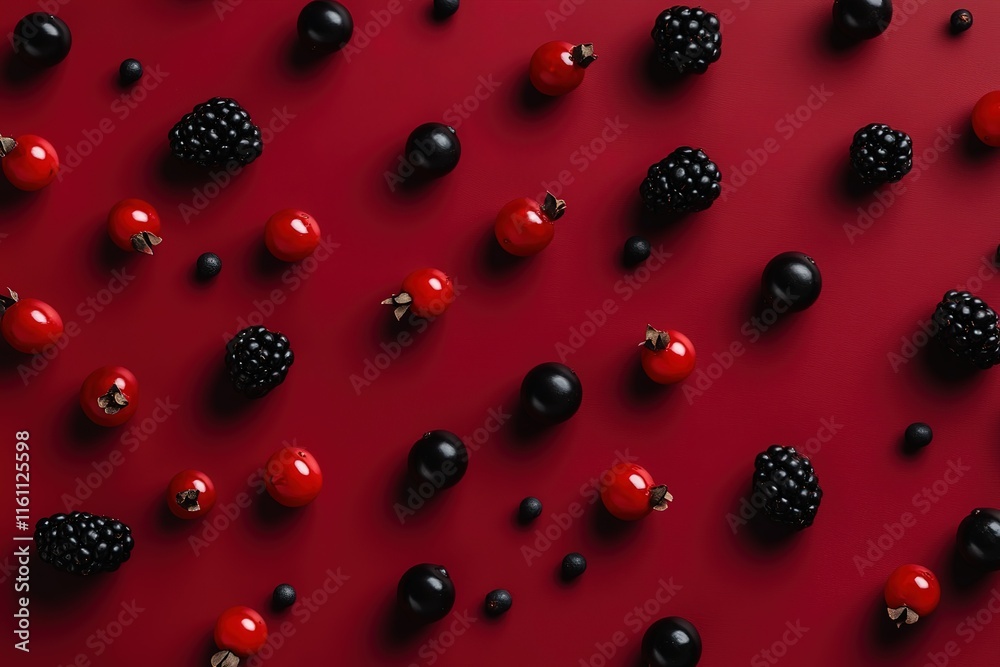 Red and black berries and small fruits arranged on a dark red background. Red and black berries and small fruits arranged on a dark red background.