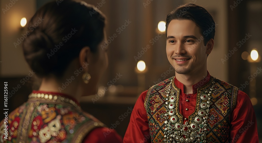 Smiling couple in traditional attire exchanging warm Eid greeting in a warmly lit room Smiling couple in traditional attire exchanging warm Eid greeting in a warmly lit room