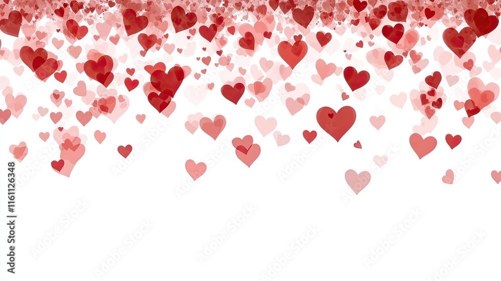Cute scattered hearts in various shades of pink and red create a romantic backdrop suitable for Valentine's Day and elegant designs