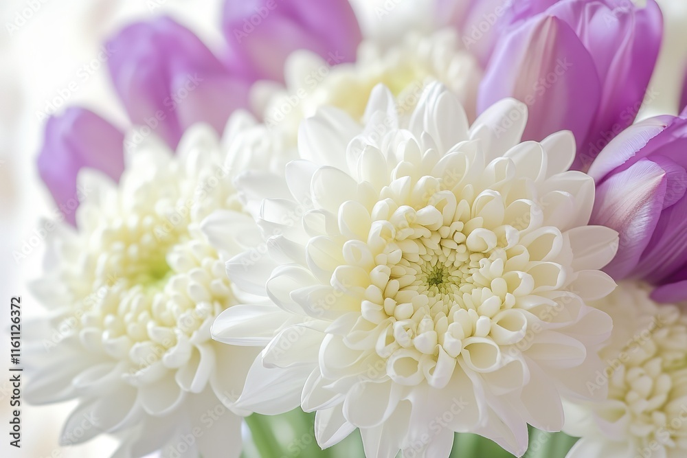 Close-up of delicate white chrysanthemums and purple tulips. A beautiful floral arrangement perfect for spring or any celebration. Close-up of delicate white chrysanthemums and purple tulips. A beautiful floral arrangement perfect for spring or any celebration.