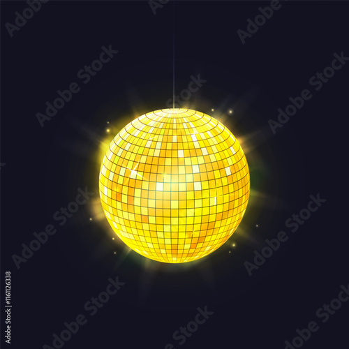 Night club disco ball or vector discotheque mirrorball for 90s and 80s party. Entertainment sphere for holiday or event illustration. Discoball for clubbing equipment. Decorative globe for nightlife
