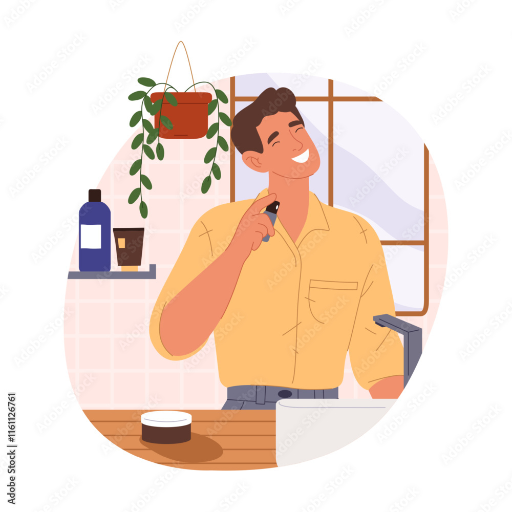 Man using perfume for fresh scent. Vector cartoon male using perfumery essence or cologne bottle, fragrant or aroma spray for body skin. Deodorant hygiene and skincare. Aromatherapy aerosol or sprayer