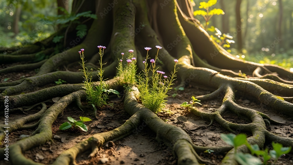 Fototapeta premium Ancient Tree Roots Intertwined with Ferns, Wildflowers, and Mosses in Golden Sunlight - Magical Forest Floor Scene