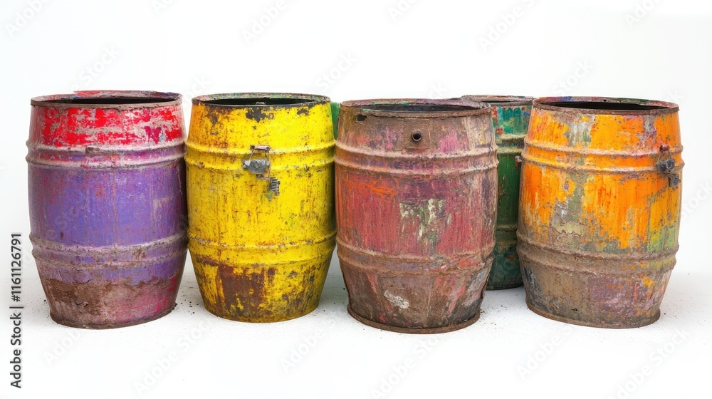 Colorful Rusty Barrels Arranged Against White Background Colorful Rusty Barrels Arranged Against White Background