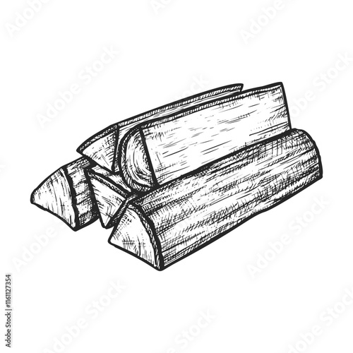 Sketch of wood pile or vector woodpile. Chopped lumber or lumberjack tree material. Hardwood chump without rind or timber firewood. Cork stack or natural bark. Wooden fuel closeup.Realistic drawing