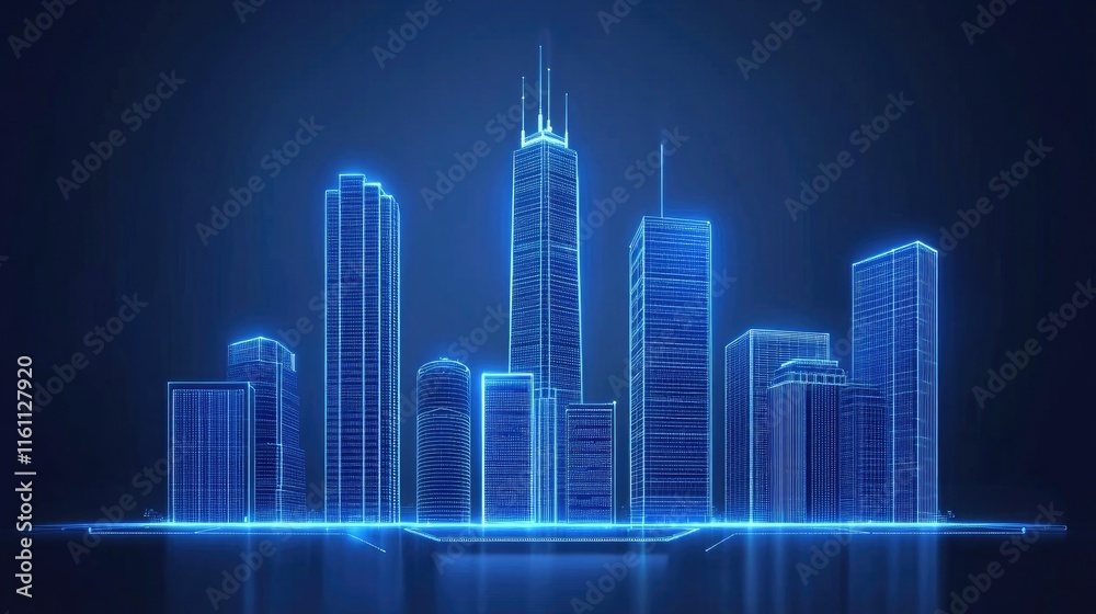 Futuristic city skyline, digital wireframe buildings, glowing blue, technology concept. Futuristic city skyline, digital wireframe buildings, glowing blue, technology concept.