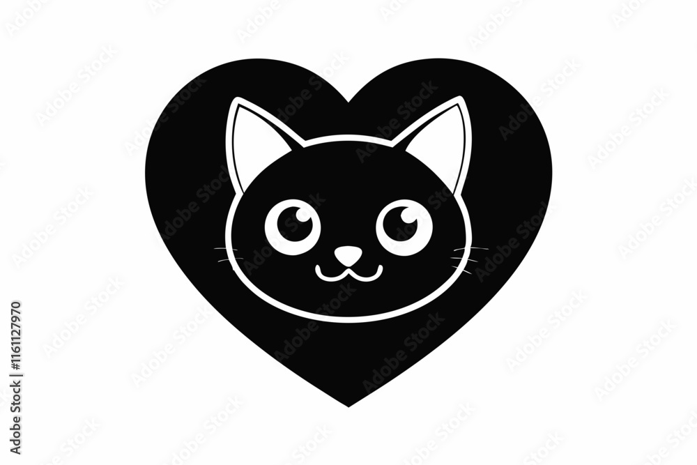 Heart with Cute Cat Head Icon - Black Silhouette ,cat domestic animal, cat face silhouette icon white background. Heart with Cute Cat Head Icon - Black Silhouette ,cat domestic animal, cat face silhouette icon white background.