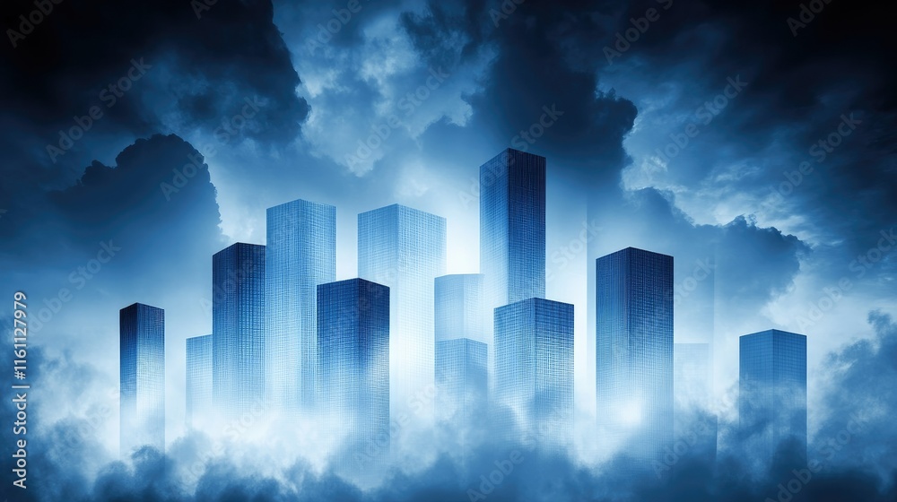 Fototapeta premium Futuristic city skyline emerging from clouds, dark moody atmosphere.