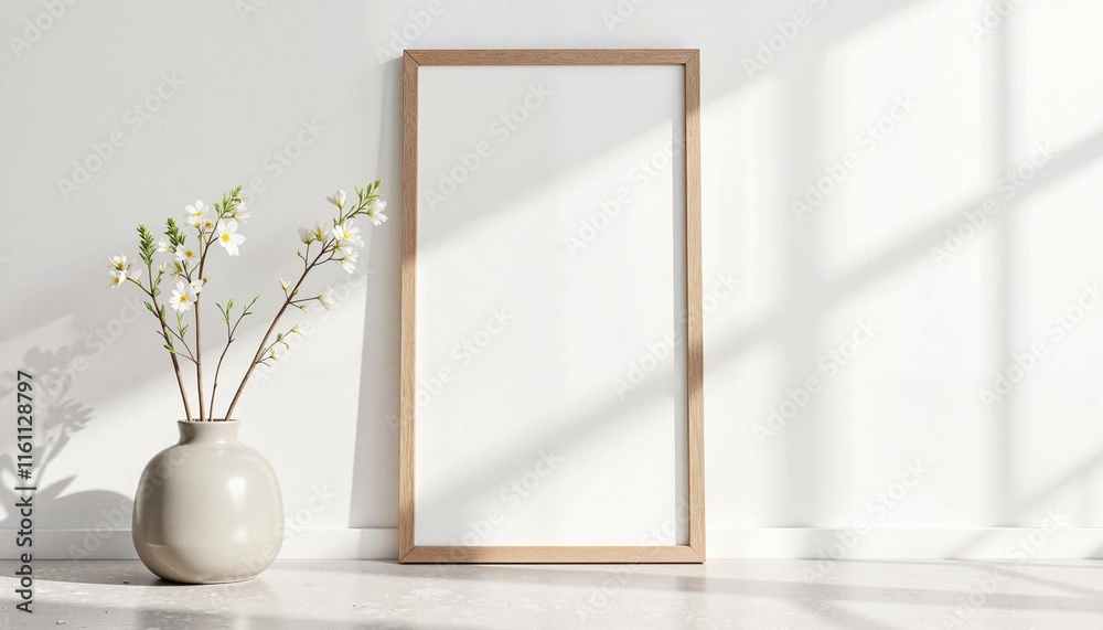 Vase with flowers and empty picture frame against bright wall