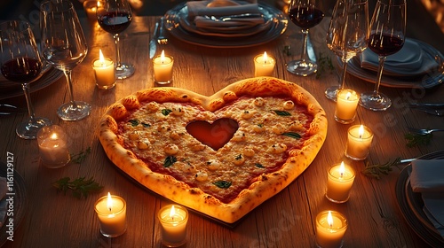 A romantic dinner with a heart-shaped pizza in the center, surrounded by candles and wine glasses. photo