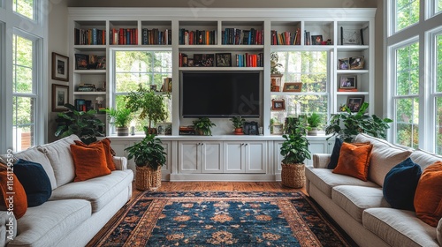 Elegant wooden bookshelf with books and plants in a bright living room