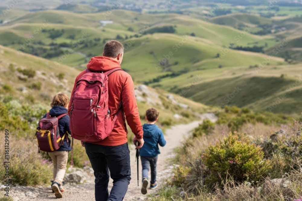 Obraz premium Family hiking on path in hills