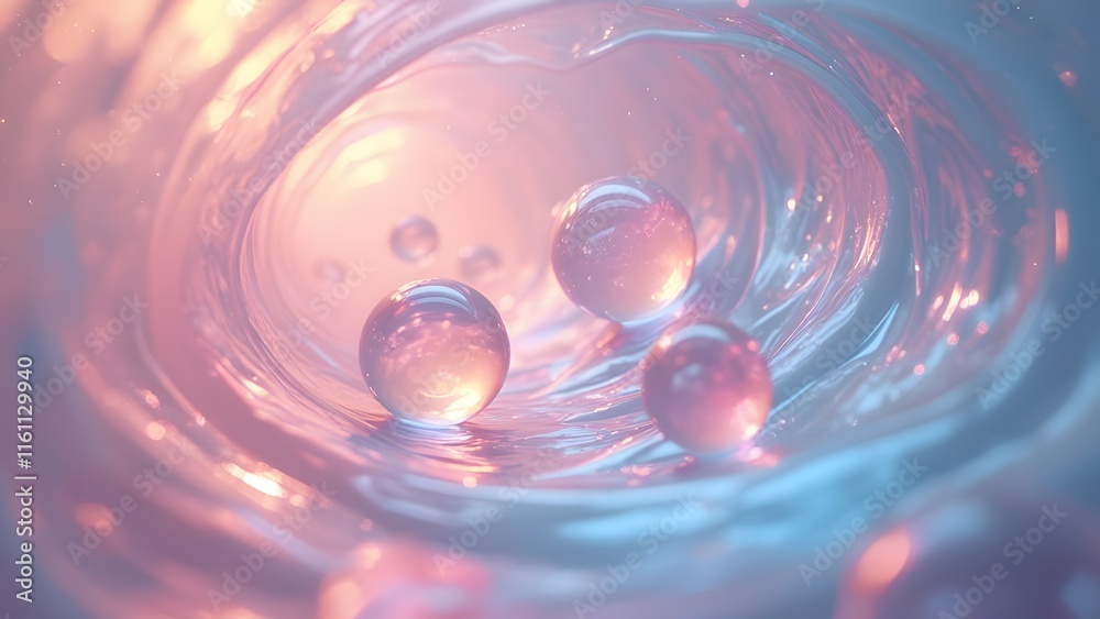 Glowing Pastel Spheres in Swirling Vortex, Abstract Iridescent Background Glowing Pastel Spheres in Swirling Vortex, Abstract Iridescent Background