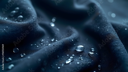 Dramatic Close-Up, Deep Navy Blue Cotton Fabric with Water Droplets, Glistening Sheen and Light Reflections