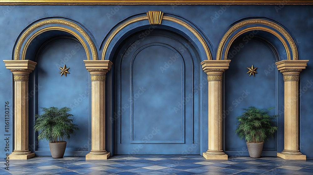 Fototapeta premium Elegant Blue Wall With Golden Archways And Columns
