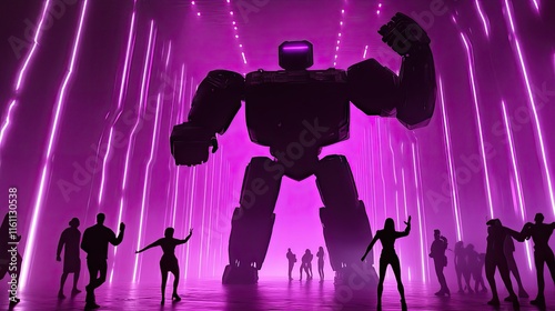 Giant robot dominates a neon-lit dance party.