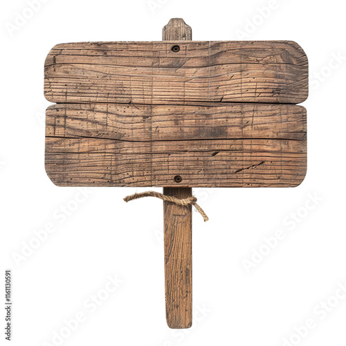 the old wooden sign is made from wooden boards with a short rope tied to the sign post photo