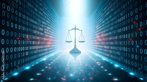 A stylized image of a glowing path surrounded by binary code walls, leading to a symbol of scale justice governance 