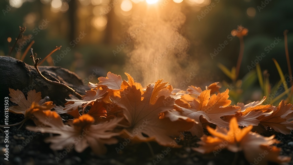 Warm Autumn Sunlight Illuminating Fallen Leaves, Golden, Brown, and Natural Fall Scene Warm Autumn Sunlight Illuminating Fallen Leaves, Golden, Brown, and Natural Fall Scene