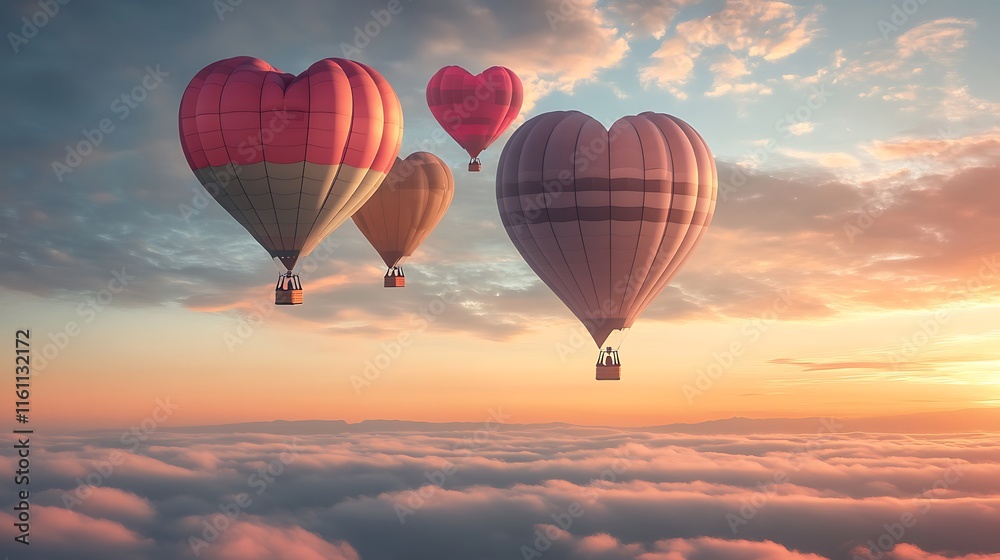 Obraz premium A scenic view of heart-shaped hot air balloons floating in the sky, with soft clouds and a sunrise in the background.