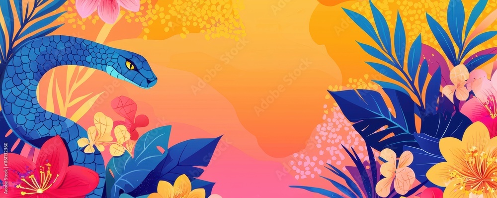 Fototapeta premium Chinese New Year theme (Snake Year) background. Vibrant tropical scene featuring a snake amidst colorful flowers and foliage.