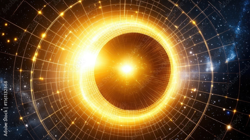 Obraz premium Glowing golden ring in dark space, cosmic energy.
