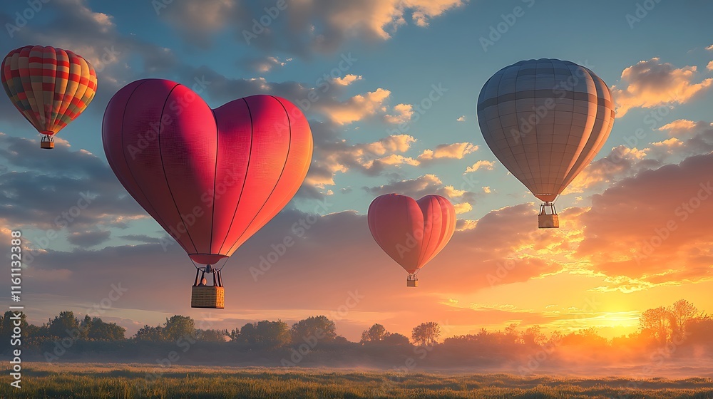 Fototapeta premium A scenic view of heart-shaped hot air balloons floating in the sky, with soft clouds and a sunrise in the background.