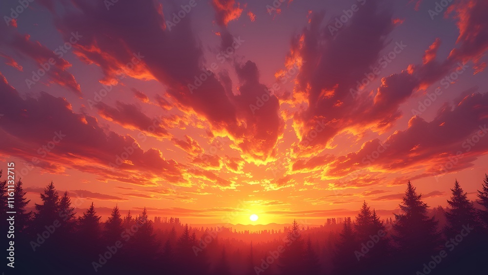 Fototapeta premium Fiery Sunset Landscape, Vibrant Orange and Purple Sky over Silhouetted Beige Trees