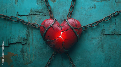 Humanitarian, A glowing heart symbolizes hope and freedom, emerging from broken chains, representing resilience and liberation in a visually striking image.