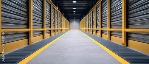 Inventory management order planning. Modern warehouse interior with yellow accents and storage units lining the walls. photo