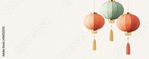 Chinese New Year theme background. Colorful paper lanterns hanging against a light background, adding cultural charm and festive ambiance.