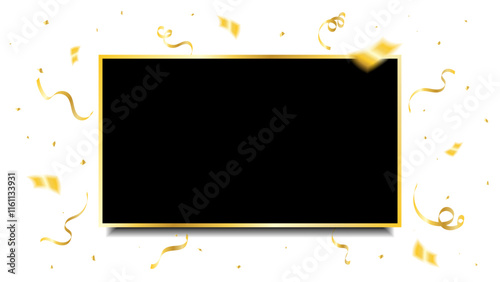 Streamer Ribbons And Gold Confetti On White Background With Frame. Congratulations Banner. Celebration Wallpaper. Vector Illustration