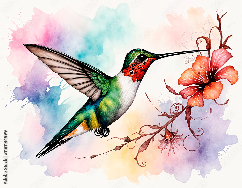 Obraz premium Hummingbird aquarel, with steampunk floral art - generated by ai
